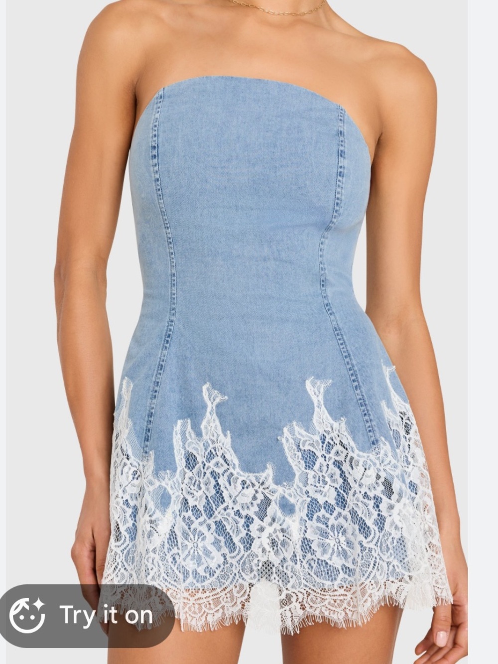 Amanda Uprichard Romilly Denim Skort Romper with White Lace Hem in Sky size XS